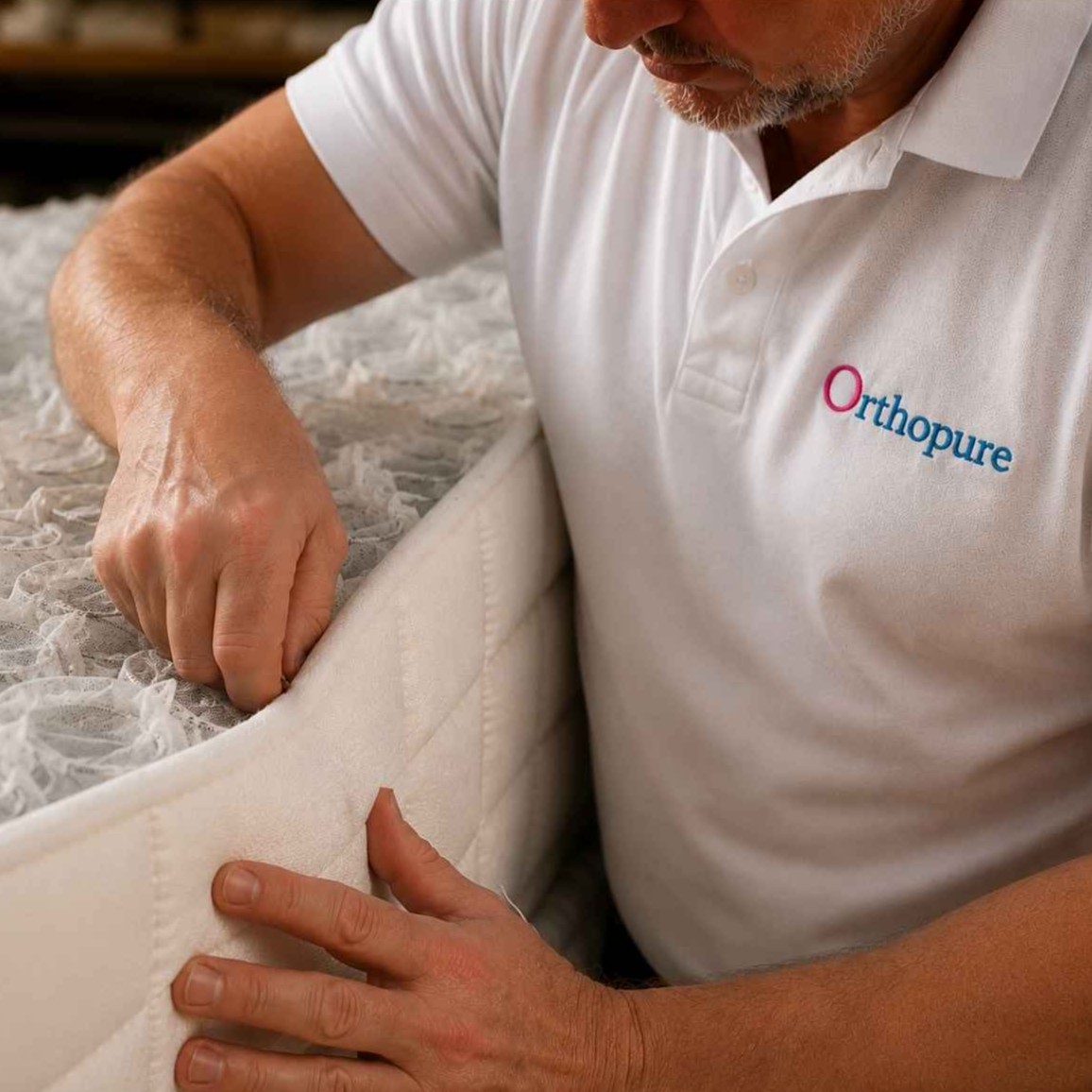 a man hand side stitching a Orthopure mattress from the naturally complete collection